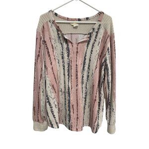 Crépas Blouse Plus Size 3XL Striped Long Sleeve V Neck Contrast Trim Pink Cream